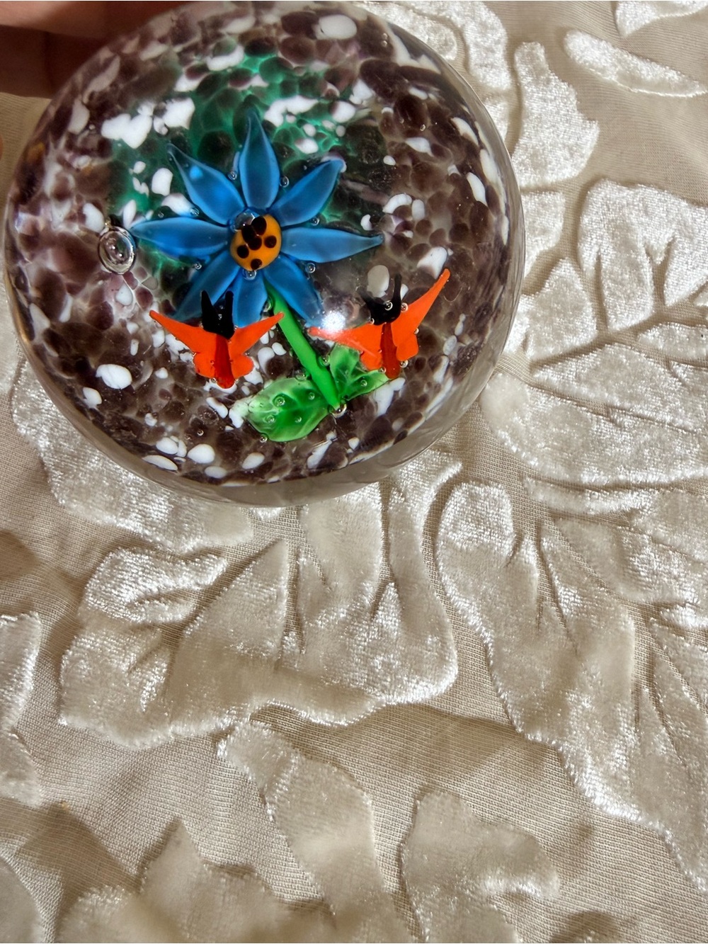 Handblown Glass Paperweight with Blue Flower and Orange Butterflies